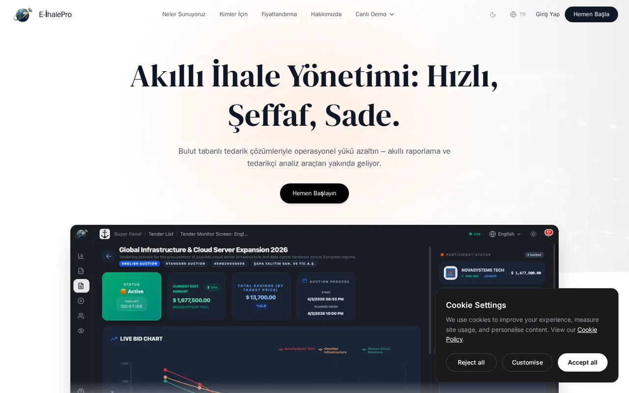 EihalePro e-ihale platformunun ana sayfası